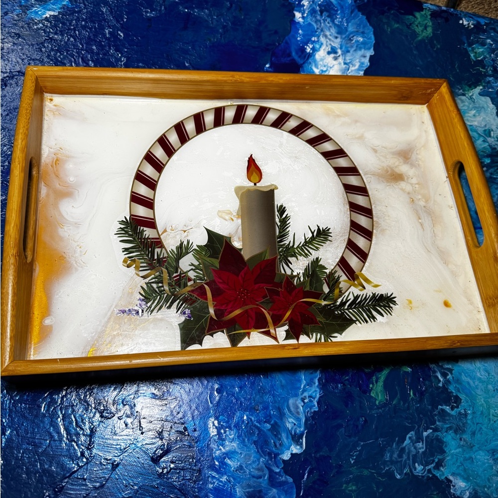 SERVING TRAY-Red and Green Candle Holiday Tray w/handles EASTER GIFT